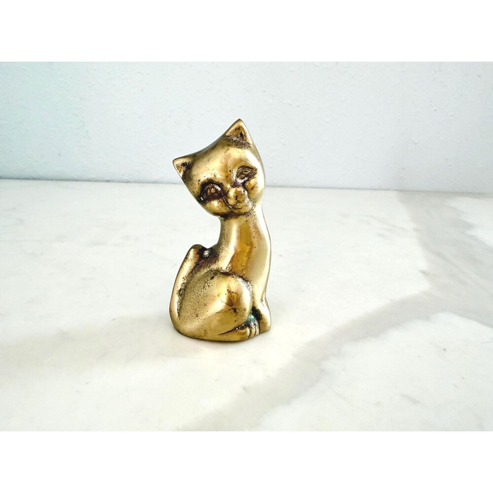 Vintage Korean Mini Solid Brass Cat Figurine Mid-Century Whimsical Kitty Statue